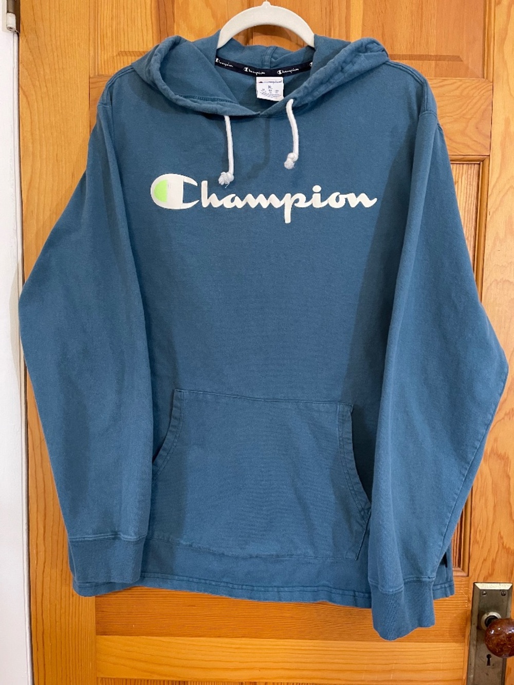 Champion Hoodie XL Teal Blue Script Logo Pullover Sweatshirt Men’s‎ Cotton